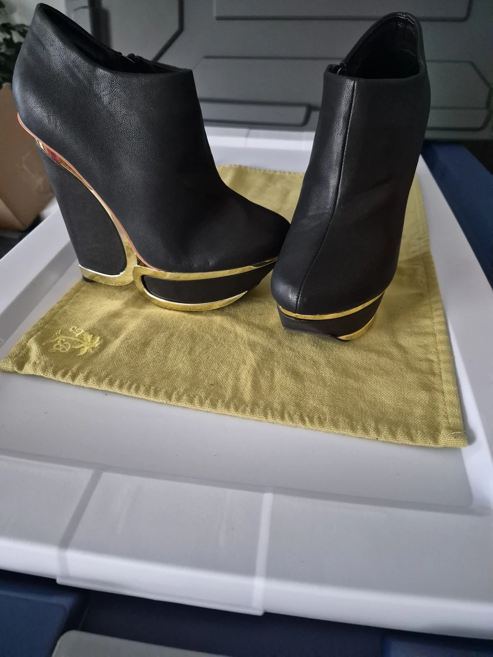 Black Wedge Ankle Boots with Gold Accent - Women's Wedges